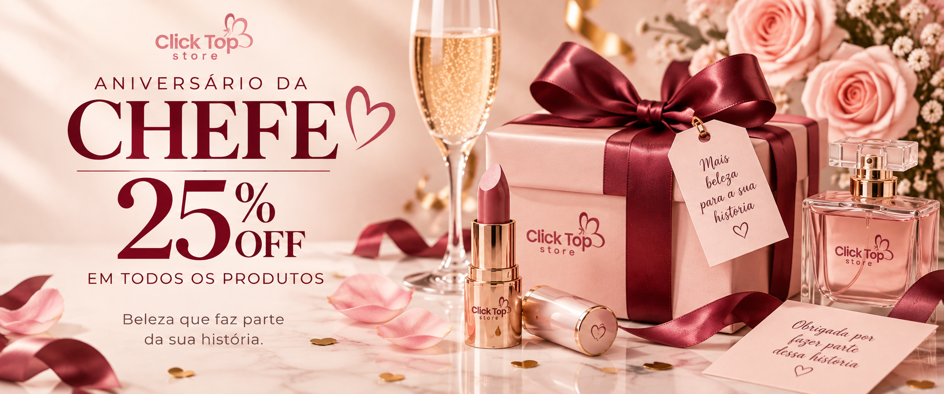 Campanha do mês Aniversário da Chefe — 25% off em todos os produtos